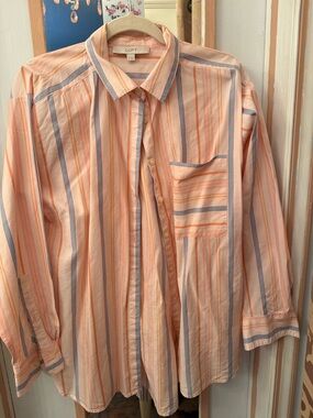 LOFT Pink and Blue Striped Button-Up Blouse
